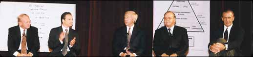Photo of Bo Schembechler, The Business of Winning author Robert Evangelista, an unamed Fortune 50 CEO, NHL Hall of Fame legend Scotty Bowman, NBA Hall of Fame coach Pat Riley at one of The Business of Winning Leadership Symposiums.